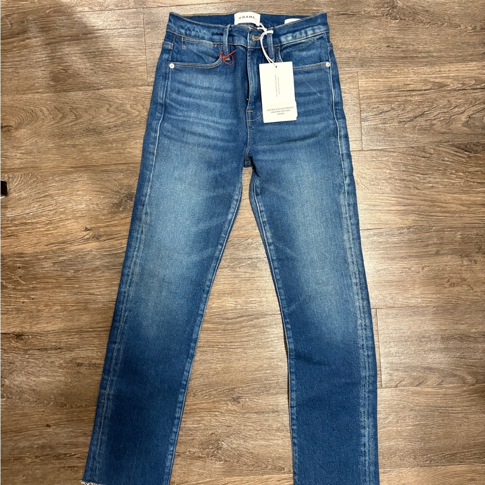 Frame Le High Straight Raw Edge Blue Jeans, size 27